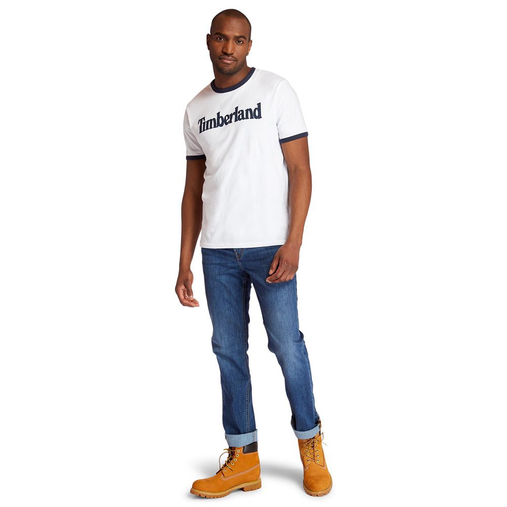 Tricouri Timberland Barbati Albi - Tbl® Linear Logo Ringer - Romania - NIWCHQ160